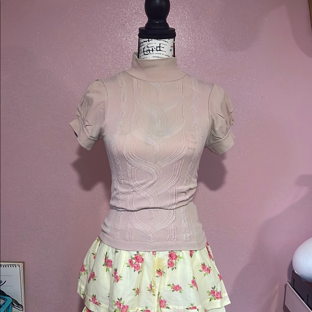 Pink Puff Sleeve Ribbed Blouse with Mandarin Collar